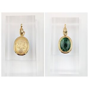 Vintage Green Cabochon Pendant Victorian Revival Ornate Monogram Engraved Back